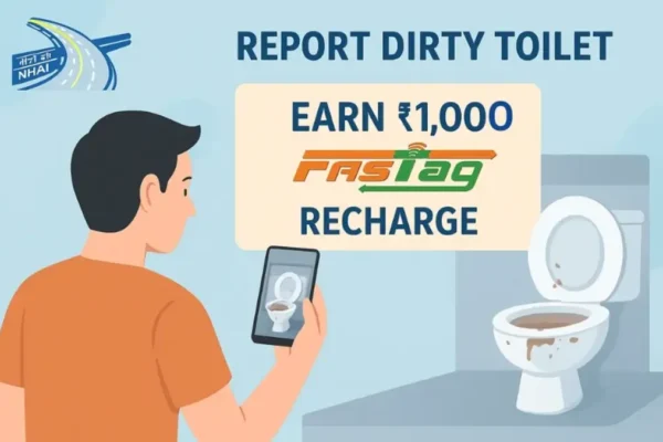 एक यात्री टोल प्लाज़ा पर मोबाइल से गंदे टॉयलेट की फोटो लेते हुए, NHAI की FASTag reward योजना के अंतर्गत रिपोर्ट करता हुआ।