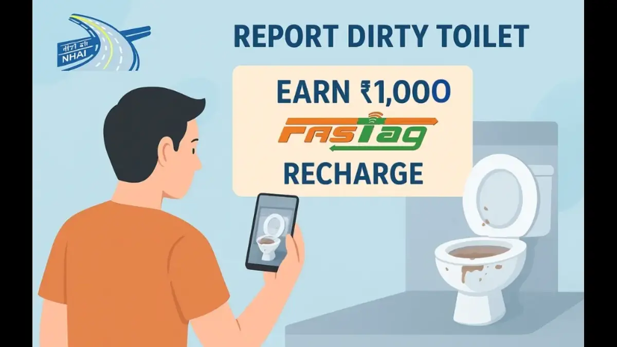 एक यात्री टोल प्लाज़ा पर मोबाइल से गंदे टॉयलेट की फोटो लेते हुए, NHAI की FASTag reward योजना के अंतर्गत रिपोर्ट करता हुआ।