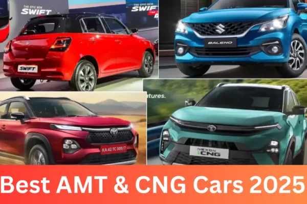 AMT with CNG Cars 2025 में Tata Tiago iCNG AMT सड़क पर चलती हुई दिख रही है, शहर में किफायती और ऑटोमैटिक ड्राइव का उदाहरण