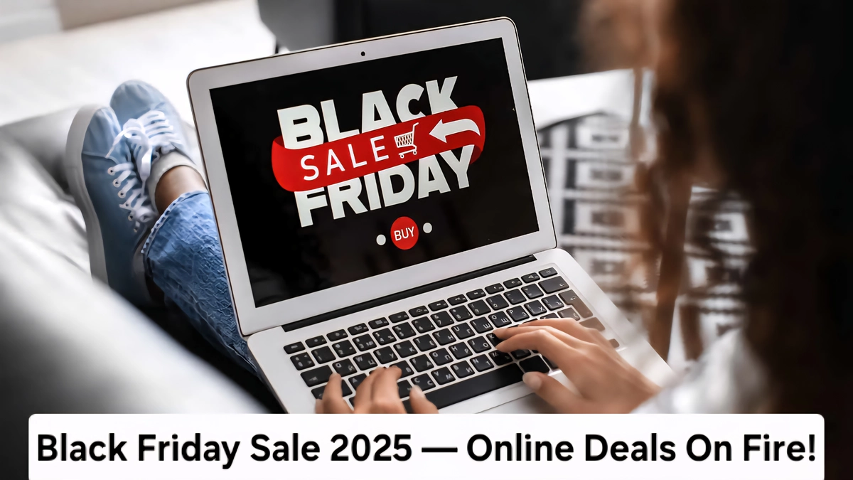 Black Friday Sale 2025 में मोबाइल फोन पर दिख रहे ऑनलाइन स्टोर के बड़े डिस्काउंट, फ्लैश सेल और डील्स का क्लोज-अप दृश्य