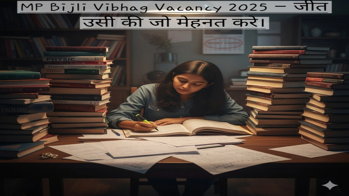 MP Bijli Vibhag Vacancy 2025 परीक्षा की तैयारी करता छात्र पुस्तकों और लैपटॉप के साथ अध्ययन करता हुआ चित्र
