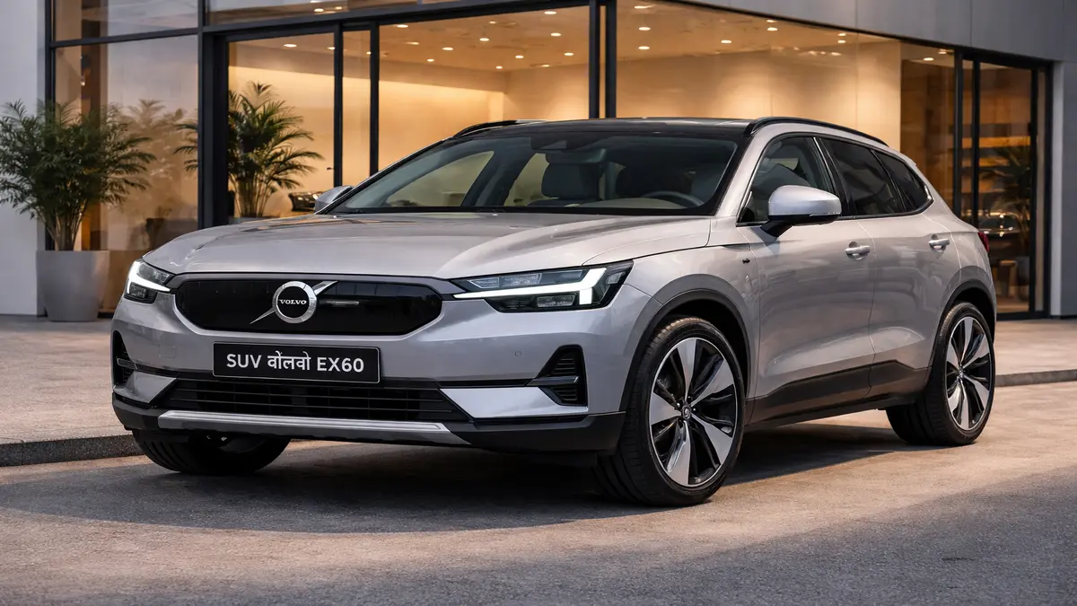 SUV Volvo EX60 इलेक्ट्रिक SUV सड़क पर चलते हुए, साइड प्रोफाइल, अलॉय व्हील्स और लंबी रेंज वाली EV का रियल रोड व्यू