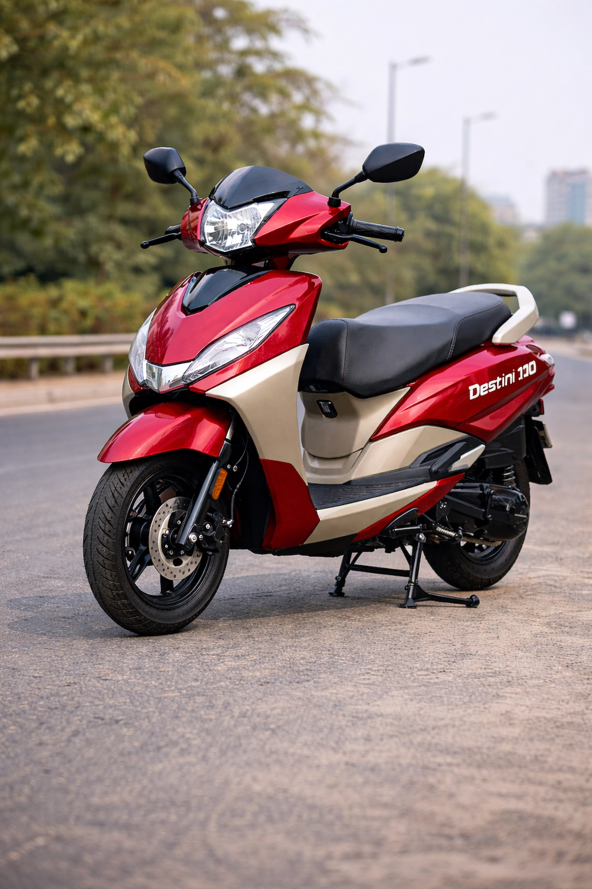 Hero Destini 110 स्कूटर का फ्रंट और साइड व्यू, 110cc इंजन के साथ।