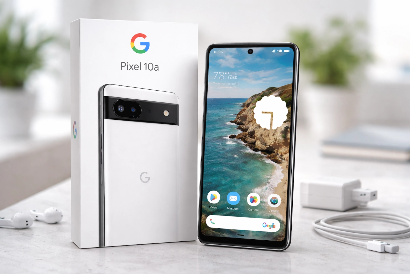 Google Pixel 10a स्मार्टफोन और बॉक्स का क्लोज-अप, शानदार डिजाइन के साथ।