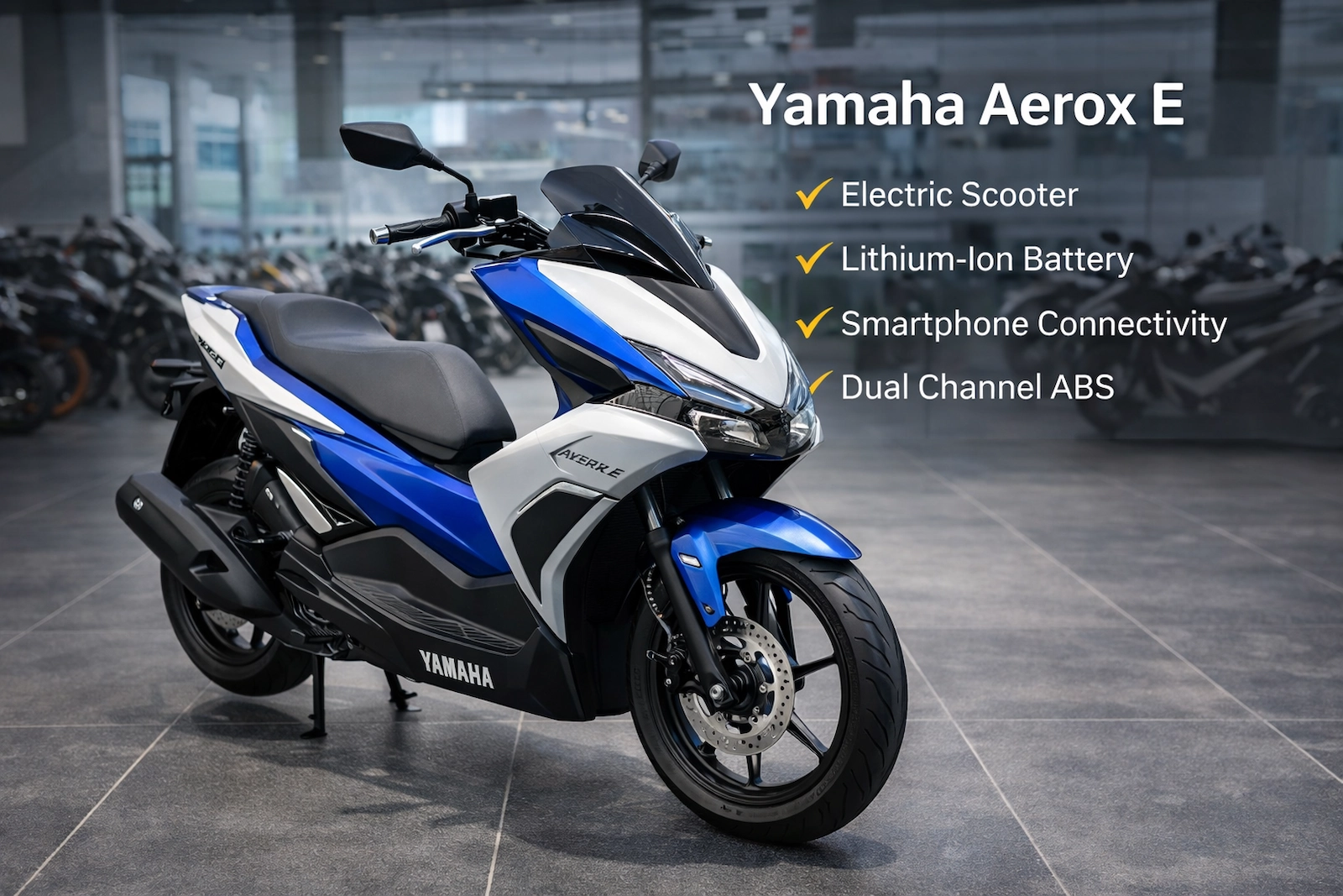 Yamaha Aerox E इलेक्ट्रिक स्कूटर शोरूम में, आकर्षक और आधुनिक डिजाइन के साथ