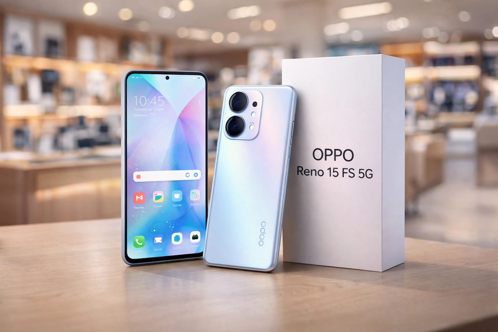 स्टोर टेबल पर Oppo Reno 15 FS 5G (Oppo Reno 15 FS 5G) फोन, बॉक्स और फ्रंट/बैक व्यू, रियलिस्टिक शॉट