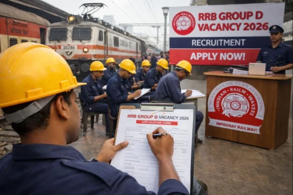 RRB Group D Vacancy 2026 के लिए भारतीय रेलवे कर्मचारी आवेदन फॉर्म भरते हुए, भर्ती प्रक्रिया के दौरान व्यस्त हैं।