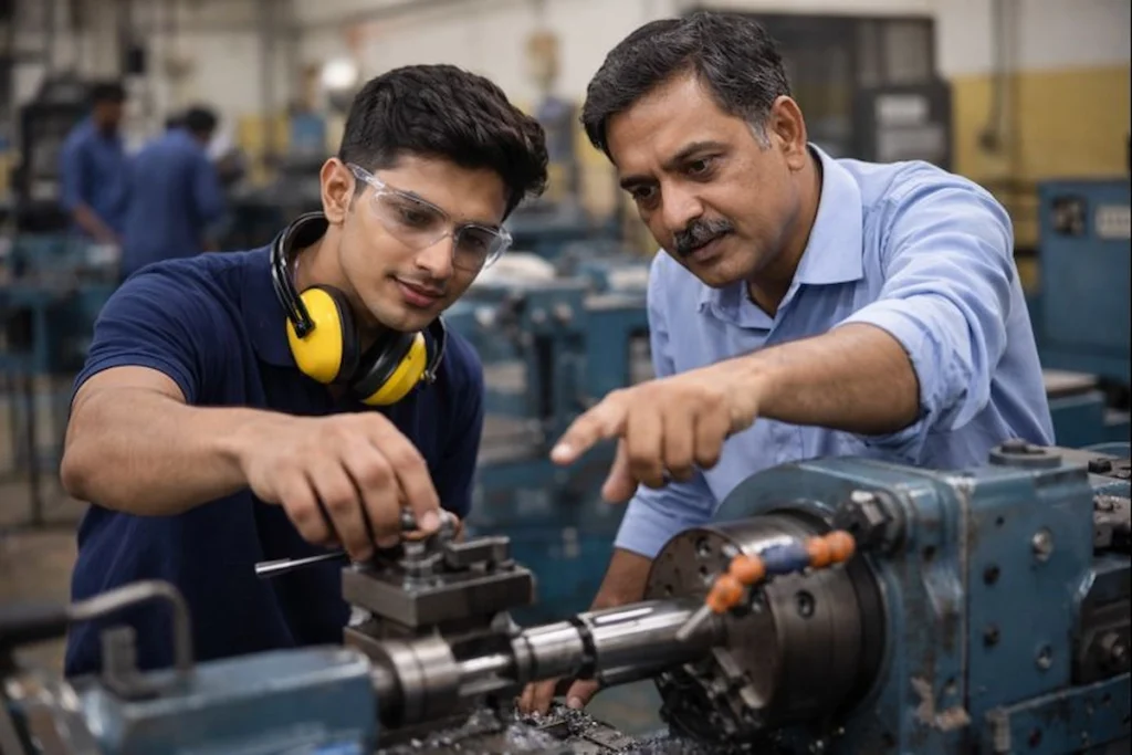 Apprenticeship Recruitment India: प्रशिक्षक के साथ मशीन पर काम करते युवा