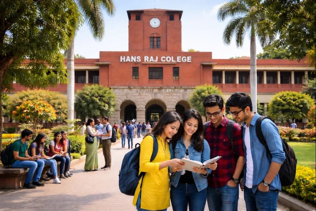 Hans Raj College Recruitment: हंस राज कॉलेज के छात्रों के साथ एक जीवंत दिन, जो विश्वविद्यालय के ऐतिहासिक लाल-ईंट भवन के सामने किताब पढ़ रहे हैं।
