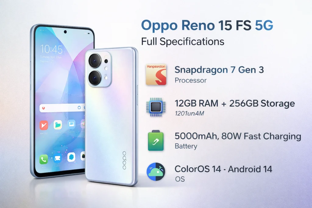Oppo Reno 15 FS 5G (Oppo Reno 15 FS 5G) का स्पेसिफिकेशन ग्राफिक: प्रोसेसर, RAM/स्टोरेज, बैटरी, OS