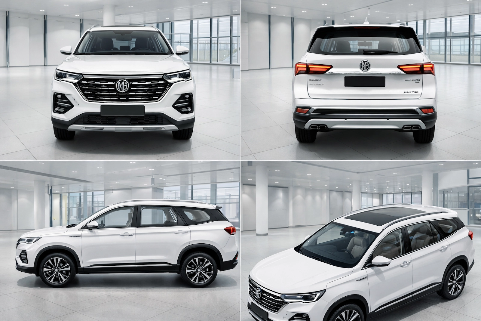 MG Hector Plus Sharp Pro 1.5 Turbo Petrol 6 STR SUV का फ्रंट और साइड व्यू, जिसमें नया डिजाइन और मजबूत फीचर्स दिखाए गए हैं।