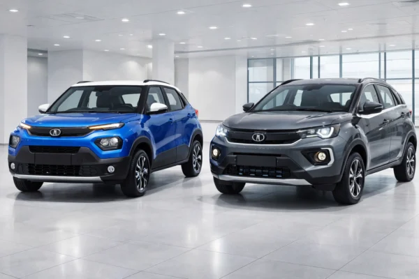 Tata Punch और Tata Nexon की तुलना, जिसमें दोनों SUVs के फ्रंट, रियर और साइड प्रोफाइल को दिखाया गया है।