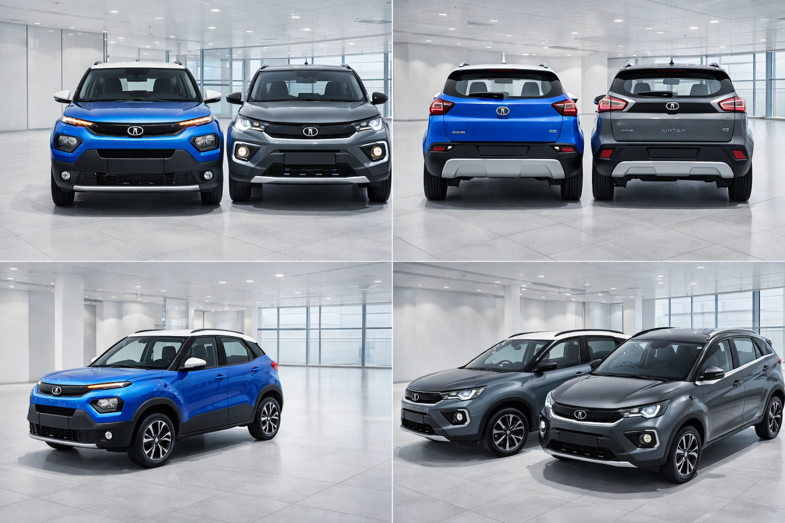 Tata Punch और Tata Nexon का 360 डिग्री व्यू, दोनों SUVs की डिजाइन और फीचर्स को बारीकी से दिखाते हुए।