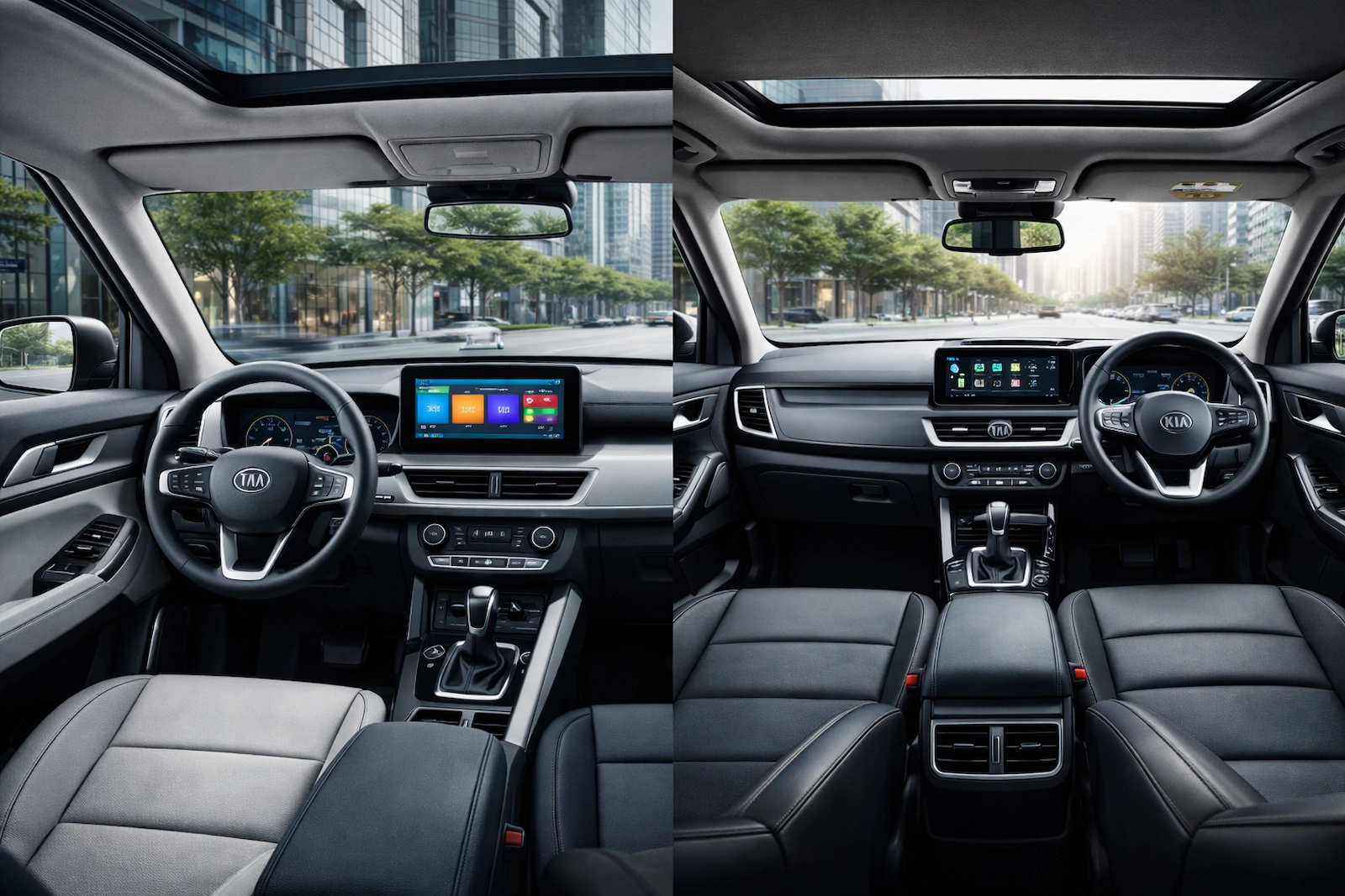 Tata Sierra और Kia Seltos की तुलना, दोनों SUVs के रियर और साइड व्यू दिखाते हुए।