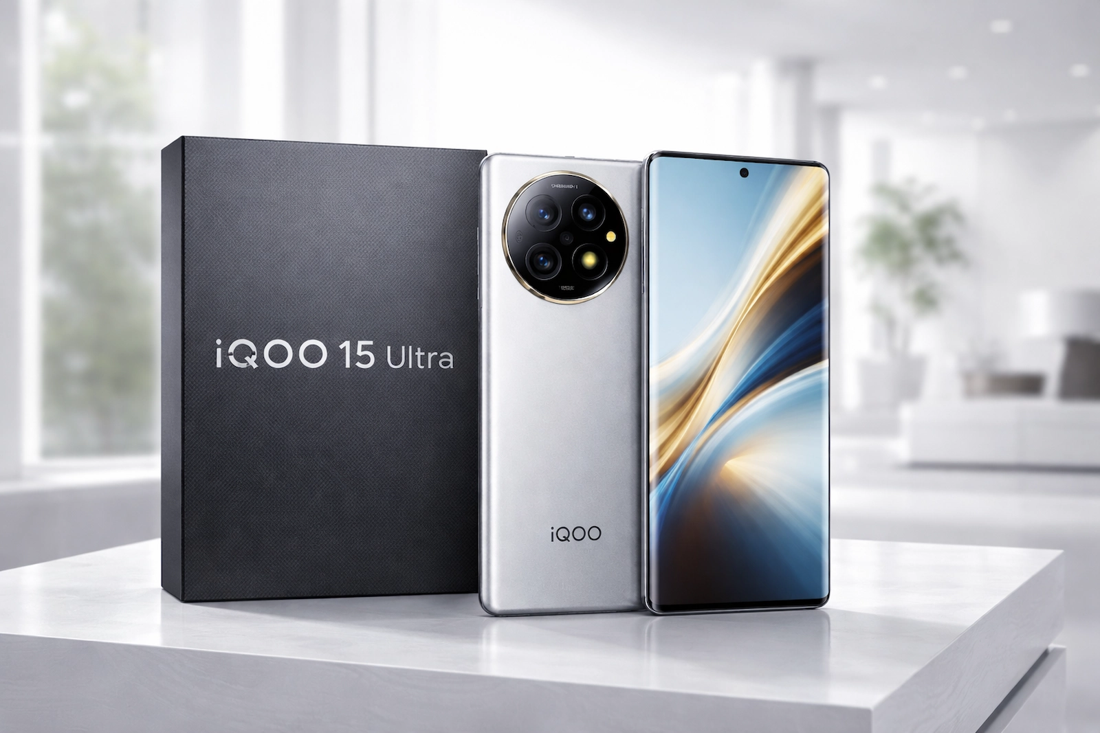 iQOO 15 Ultra स्मार्टफोन और रिटेल बॉक्स की छवि, जिसमें फोन का डिज़ाइन और कैमरा सेटअप स्पष्ट रूप से दिखाई दे रहा है।
