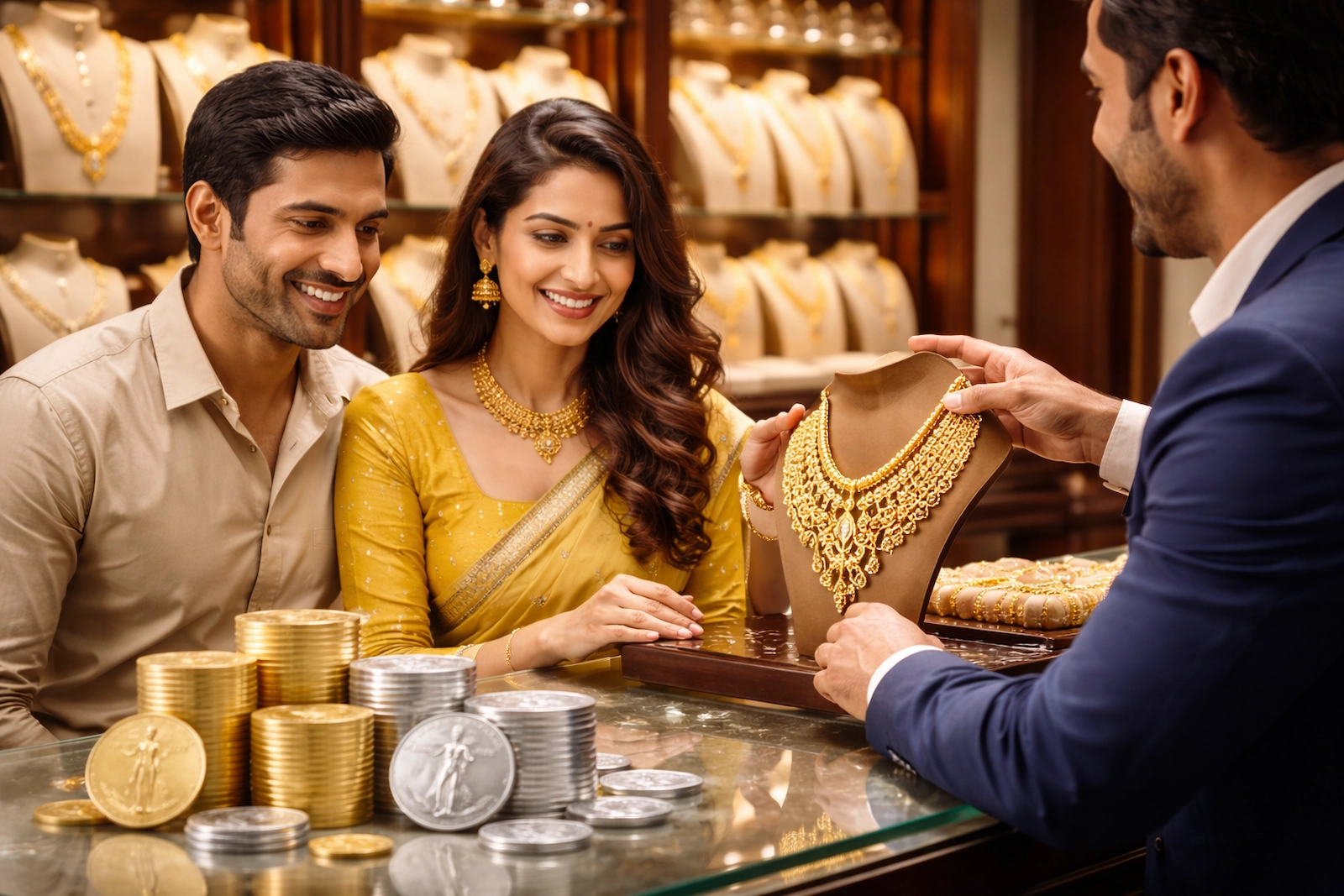Gold and Silver Price के साथ ज्वैलरी शॉप में ग्राहक और विक्रेता की तस्वीर।