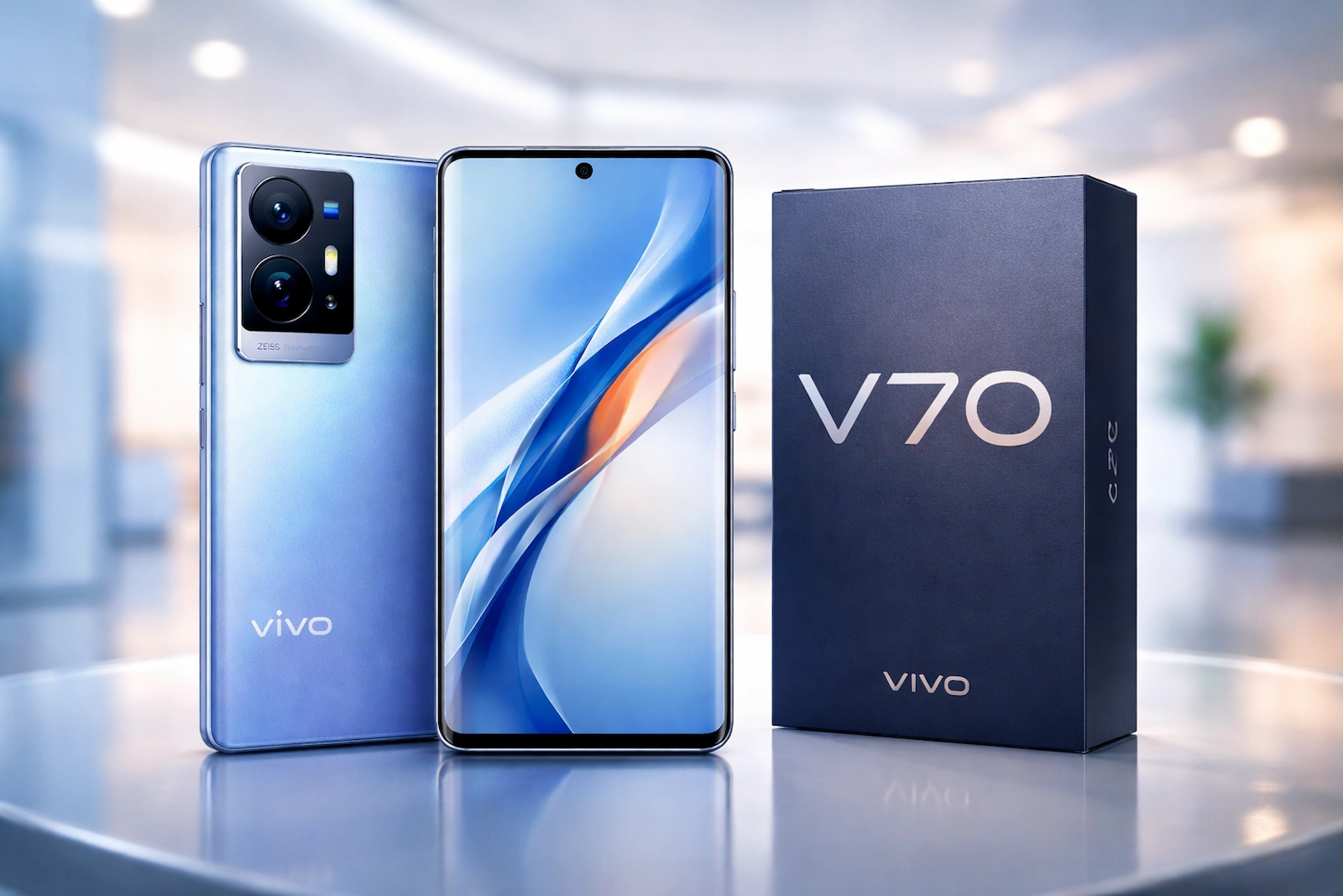 Vivo V70 स्मार्टफोन और बॉक्स का प्रीमियम लुक, डिज़ाइन और शानदार कैमरा सेटअप के साथ।