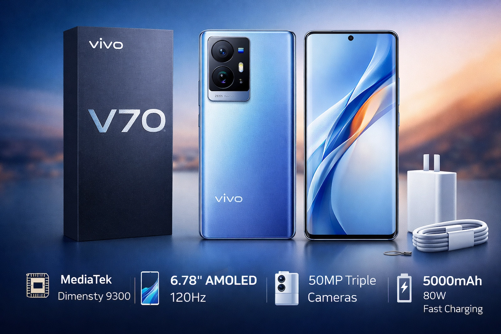 Vivo V70 स्मार्टफोन, 50MP ट्रिपल कैमरा और 80W फास्ट चार्जिंग के साथ, बॉक्स और चार्जर के साथ दिखाया गया।