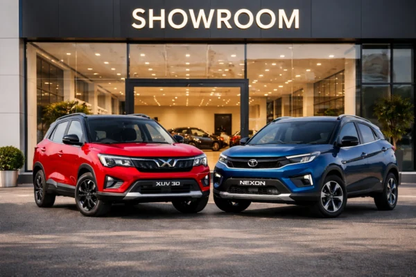 Mahindra XUV 3XO vs Tata Nexon का शो रूम में साइड-बाय-साइड मुकाबला, दोनों SUVs के डिज़ाइन और फीचर्स दिखाते हुए।