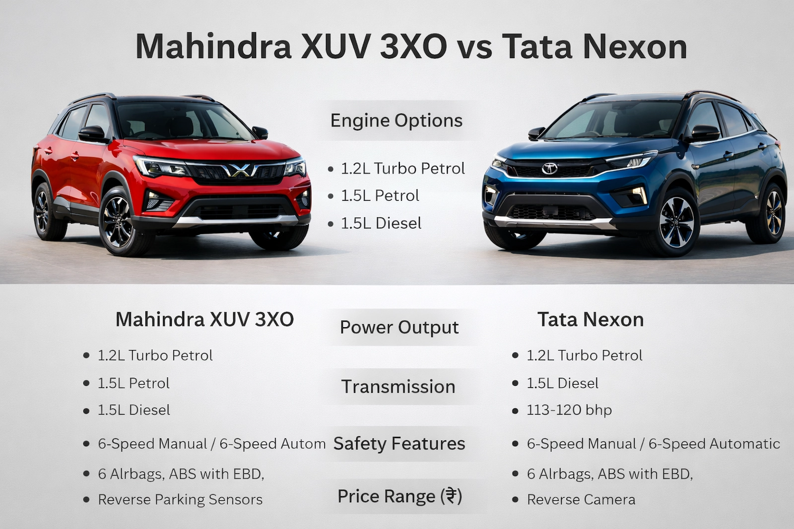 Mahindra XUV 3XO और Tata Nexon की तुलना, दोनों SUVs के डिज़ाइन और फीचर्स को एक साथ दिखाते हुए।