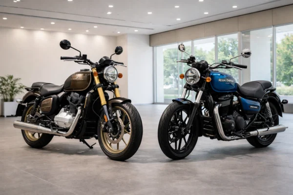 Jawa 42 FJ vs Royal Enfield Meteor 350 की तुलना, दोनों बाइक्स का प्रदर्शन और फीचर्स को स्पष्ट रूप से दिखाते हुए।