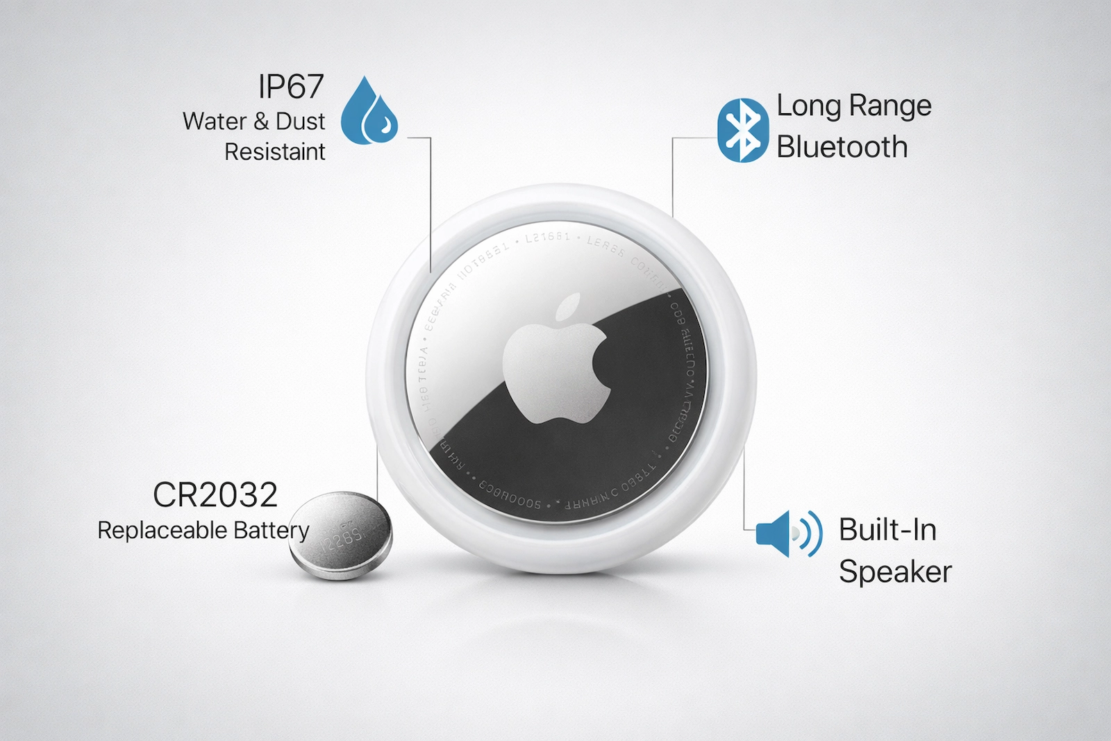 Apple New AirTag, CR2032 बैटरी, IP67 सुरक्षा और लंबी रेंज के साथ दिखाया गया है।