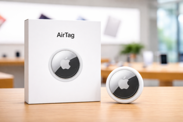 Apple Launches New AirTag, सफेद बॉक्स के साथ दिखाया गया है, जिसमें ऐप्पल लोगो है।