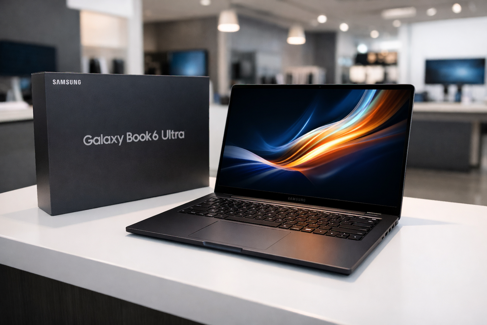 Samsung Galaxy Book 6 Ultra, एक आकर्षक लैपटॉप बॉक्स के साथ, जिसमें Intel Core i7 प्रोसेसर और शानदार डिस्प्ले है।