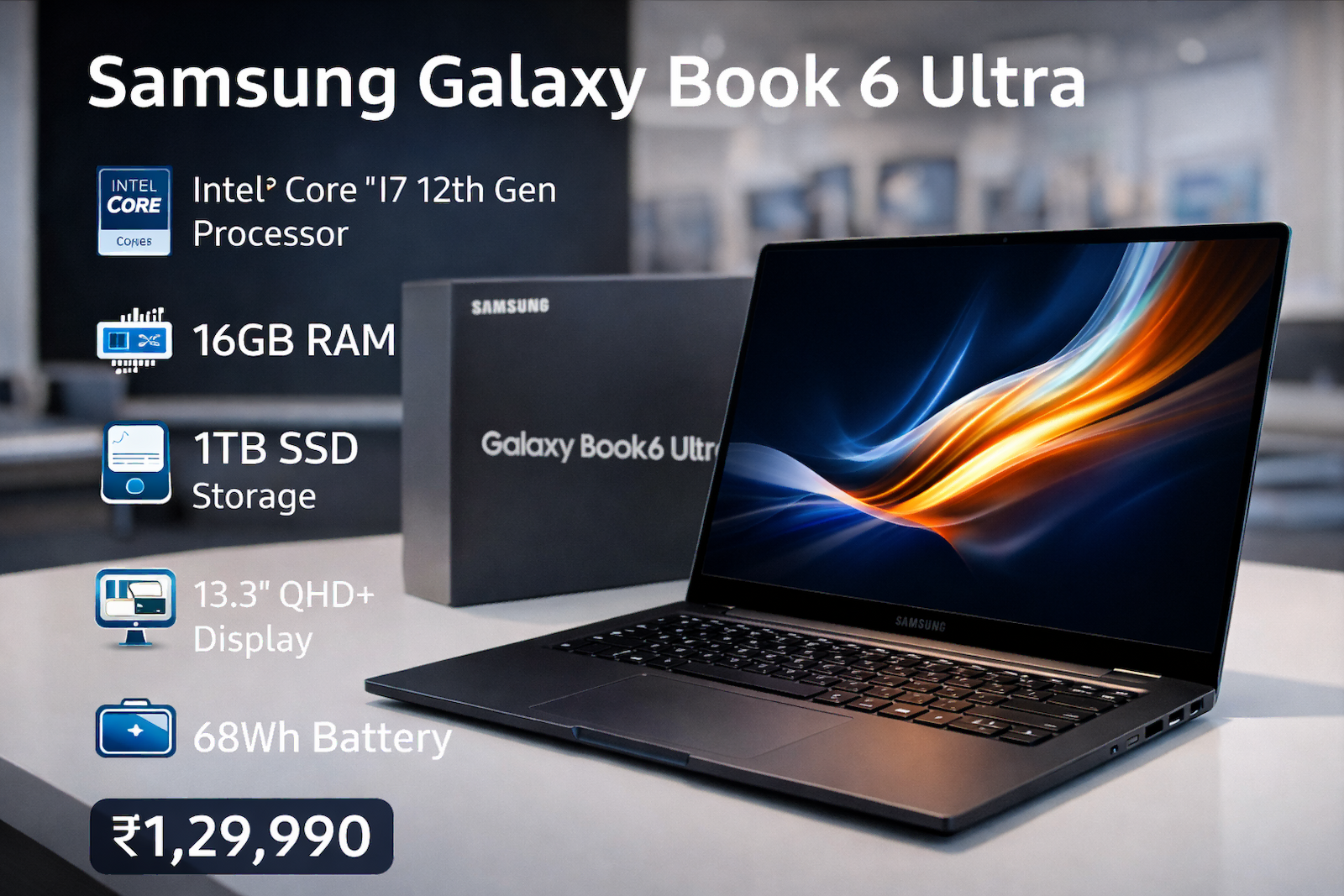 Samsung Galaxy Book 6 Ultra के प्रमुख फीचर्स: Intel Core i7 प्रोसेसर, 16GB RAM और 1TB SSD स्टोरेज।
