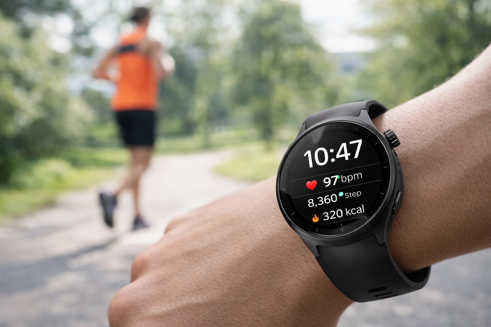 Moto Watch दिखाती हुई स्मार्टवॉच, जो रनिंग के दौरान फिटनेस डेटा ट्रैक करती है।