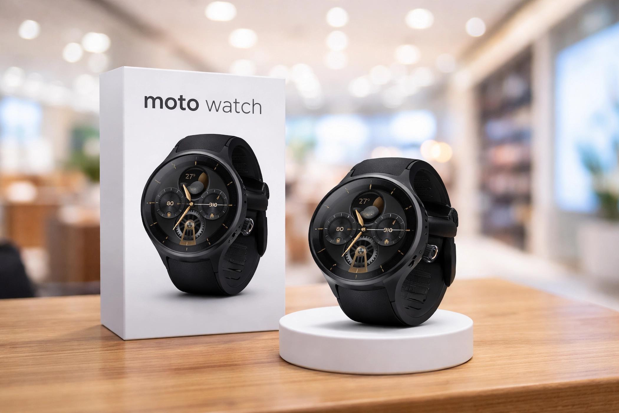 Moto Watch स्मार्टवॉच और उसका पैकेज, एक आधुनिक स्टोर पर रखी हुई है।