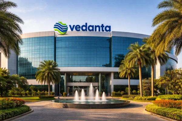Vedanta Ltd के मुख्यालय का सुंदर दृश्य, जिसमें फव्वारा और हरियाली है।
