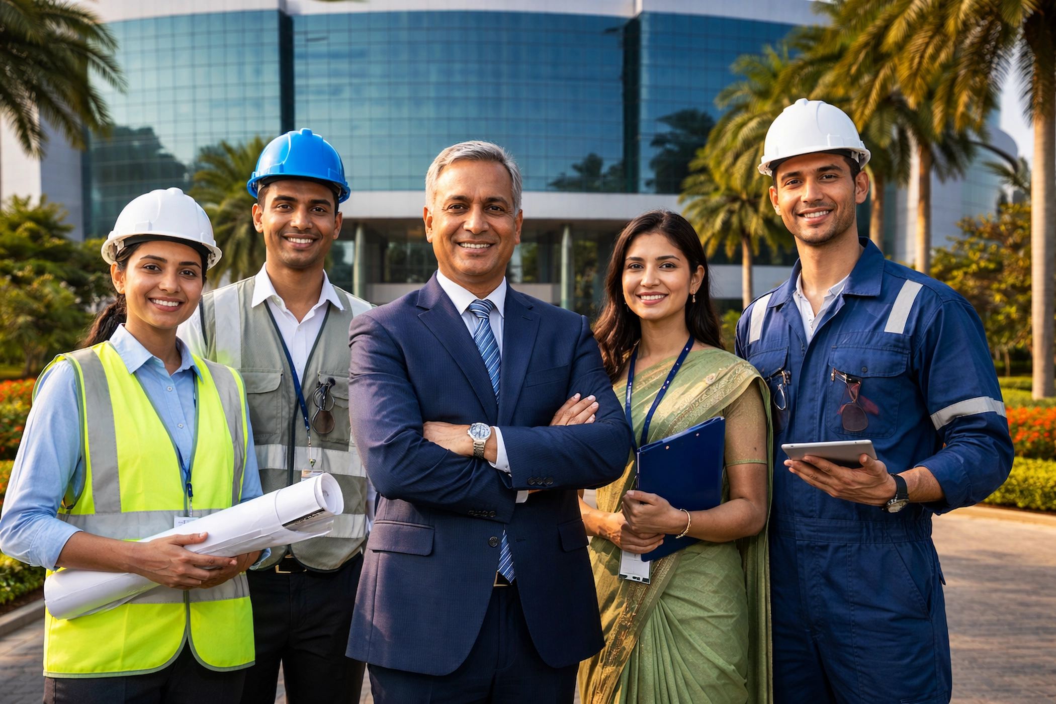 Vedanta Ltd के पांच कर्मचारी मुख्यालय के बाहर मुस्कुराते हुए।