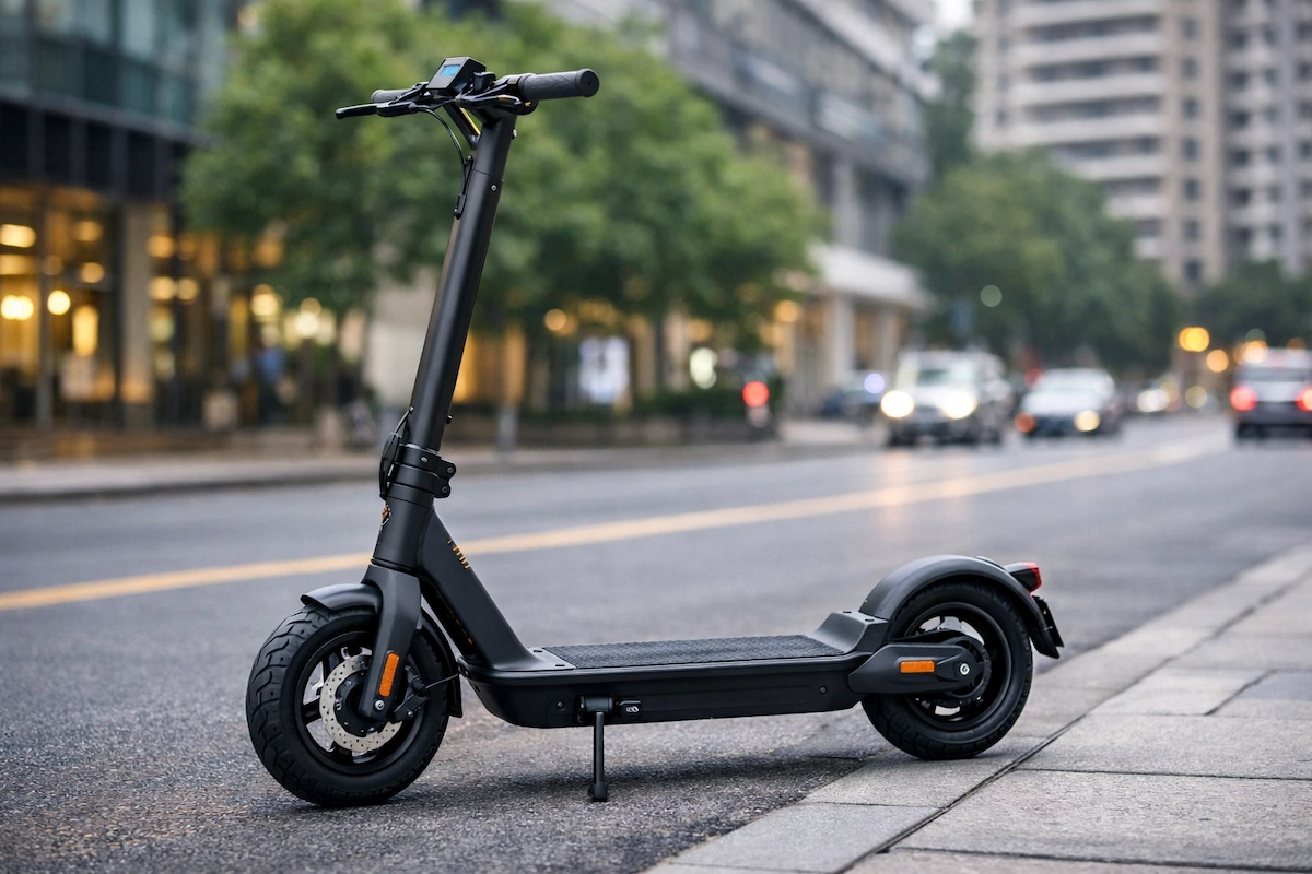 Xiaomi Electric Scooter 6 शहर की सड़क पर खड़ा, आकर्षक डिज़ाइन और 12" टायर के साथ, नई तकनीकी सुविधाओं के साथ।