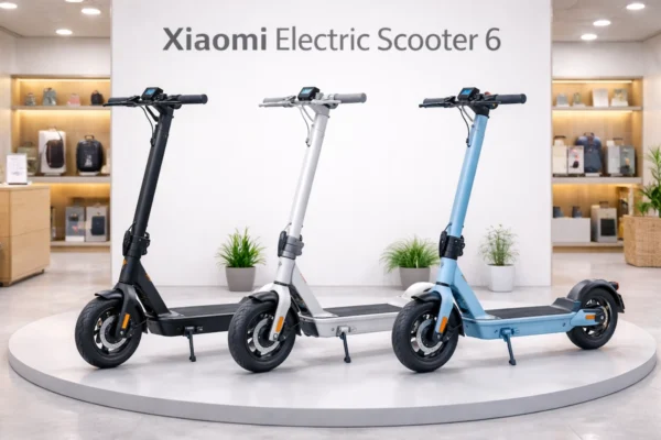 Xiaomi Electric Scooter 6 के तीन रंग - काले, सफेद और नीले मॉडल शो रूम में प्रदर्शित किए गए हैं।