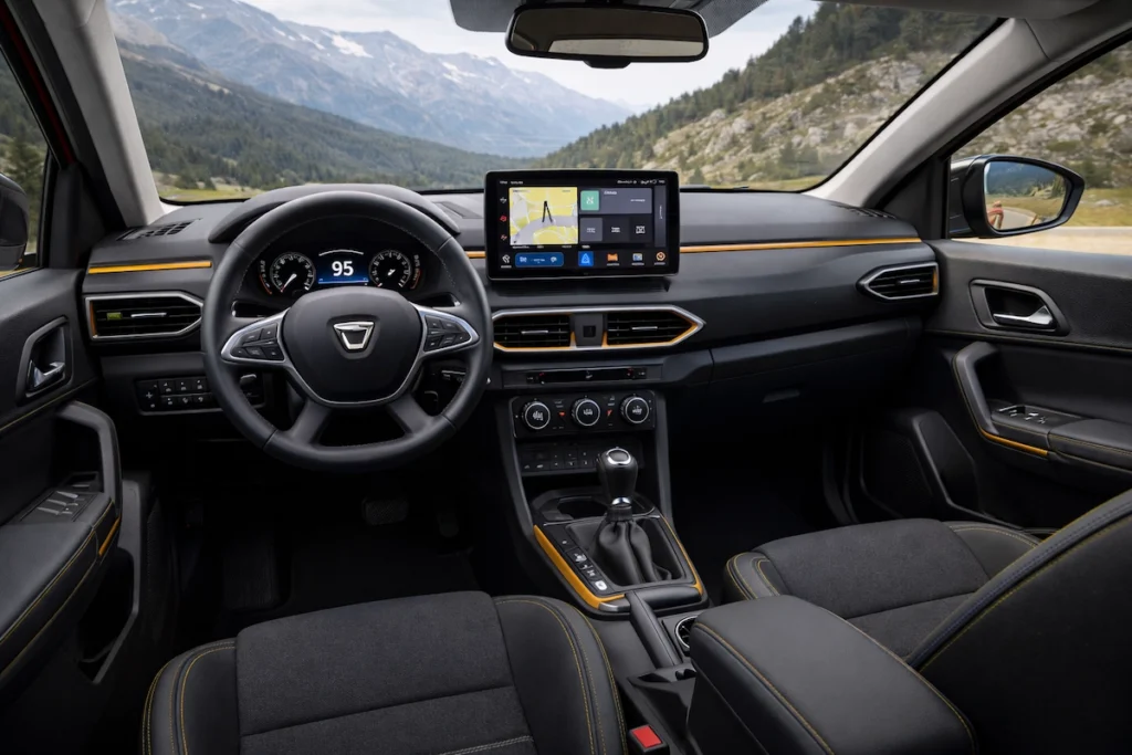 Dacia Duster 2026 का इंटीरियर्स, डिजिटल डिस्प्ले और आधुनिक कंफर्ट फीचर्स के साथ स्टाइलिश और स्मार्ट डिजाइन।