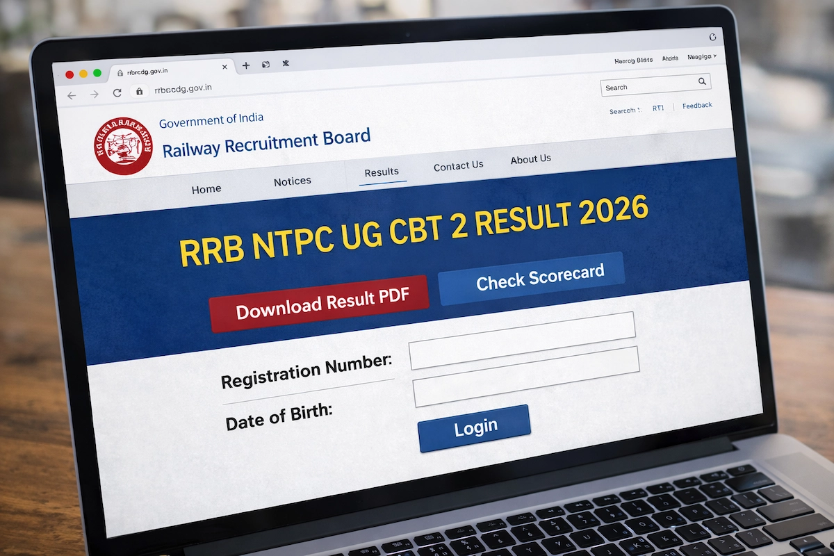 RRB NTPC UG CBT 2 Result 2026 वेबसाइट पेज पर परिणाम, डाउनलोड PDF और स्कोरकार्ड चेक करने के विकल्प के साथ।