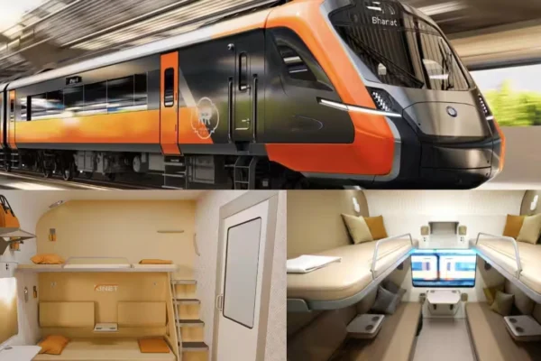 vande bharat sleeper train launch के दौरान पहली स्लीपर वंदे भारत ट्रेन का फ्रंट व्यू और प्रीमियम डिजाइन