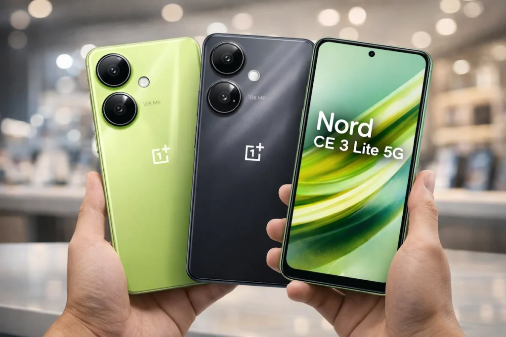 OnePlus Nord CE 3 Lite 5G का फ्रंट और बैक व्यू, बड़ी डिस्प्ले और 108MP कैमरा डिजाइन के साथ