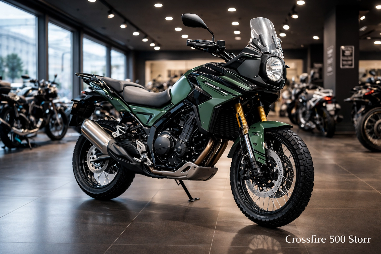 शोरूम में खड़ी Brixton Motorcycles Crossfire 500 Storr एक प्रीमियम एडवेंचर बाइक है, जिसमें दमदार इंजन और रग्ड डिजाइन दिखता है