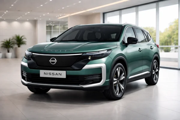 Nissan Gravite का क्लोज़-अप फ्रंट लुक, मॉडर्न शोरूम में खड़ी नई Nissan MPV, LED हेडलाइट्स और बोल्ड ग्रिल के साथ