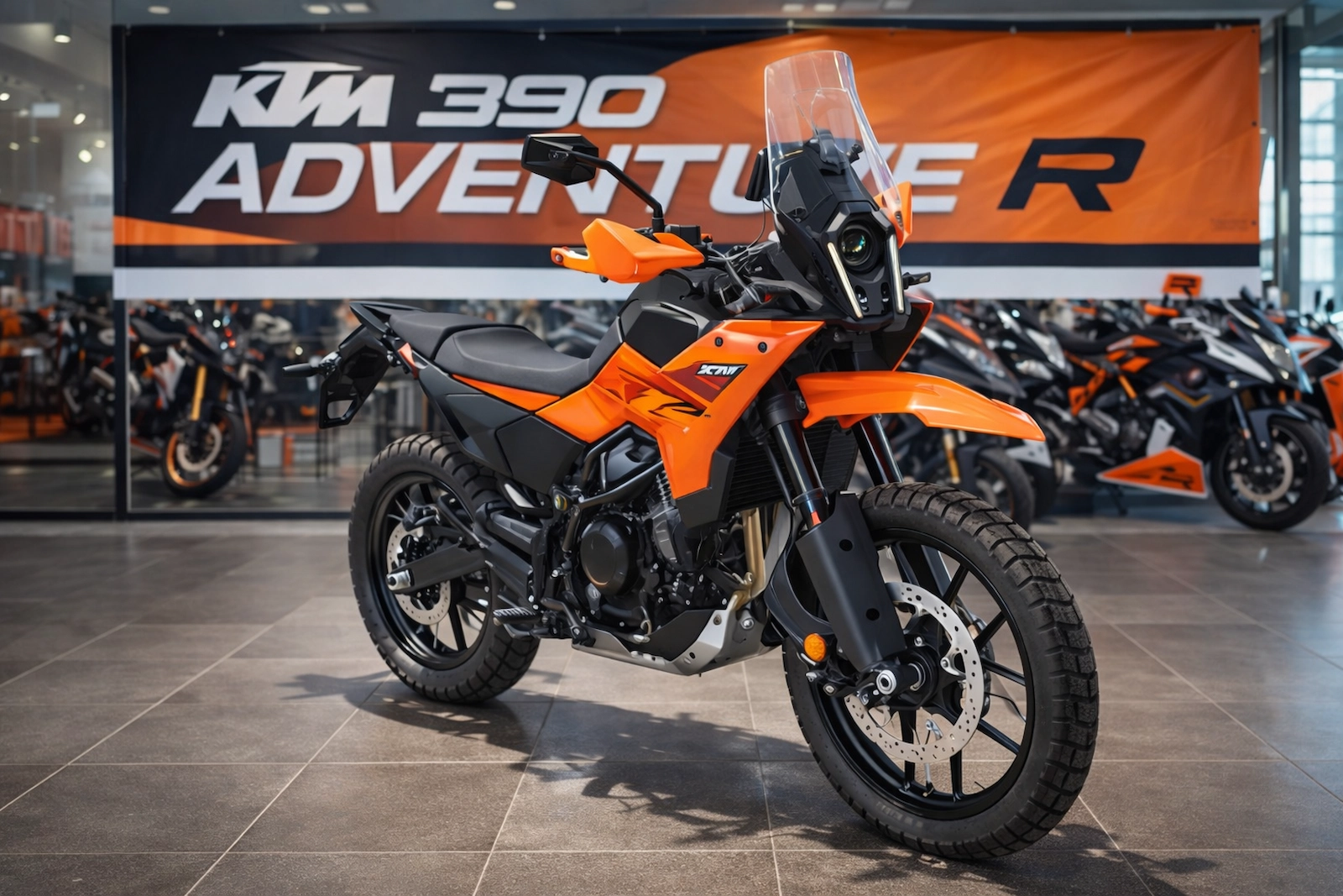 KTM 390 Adventure R बाइक शोरूम में, शानदार ऑफ-रोड डिजाइन