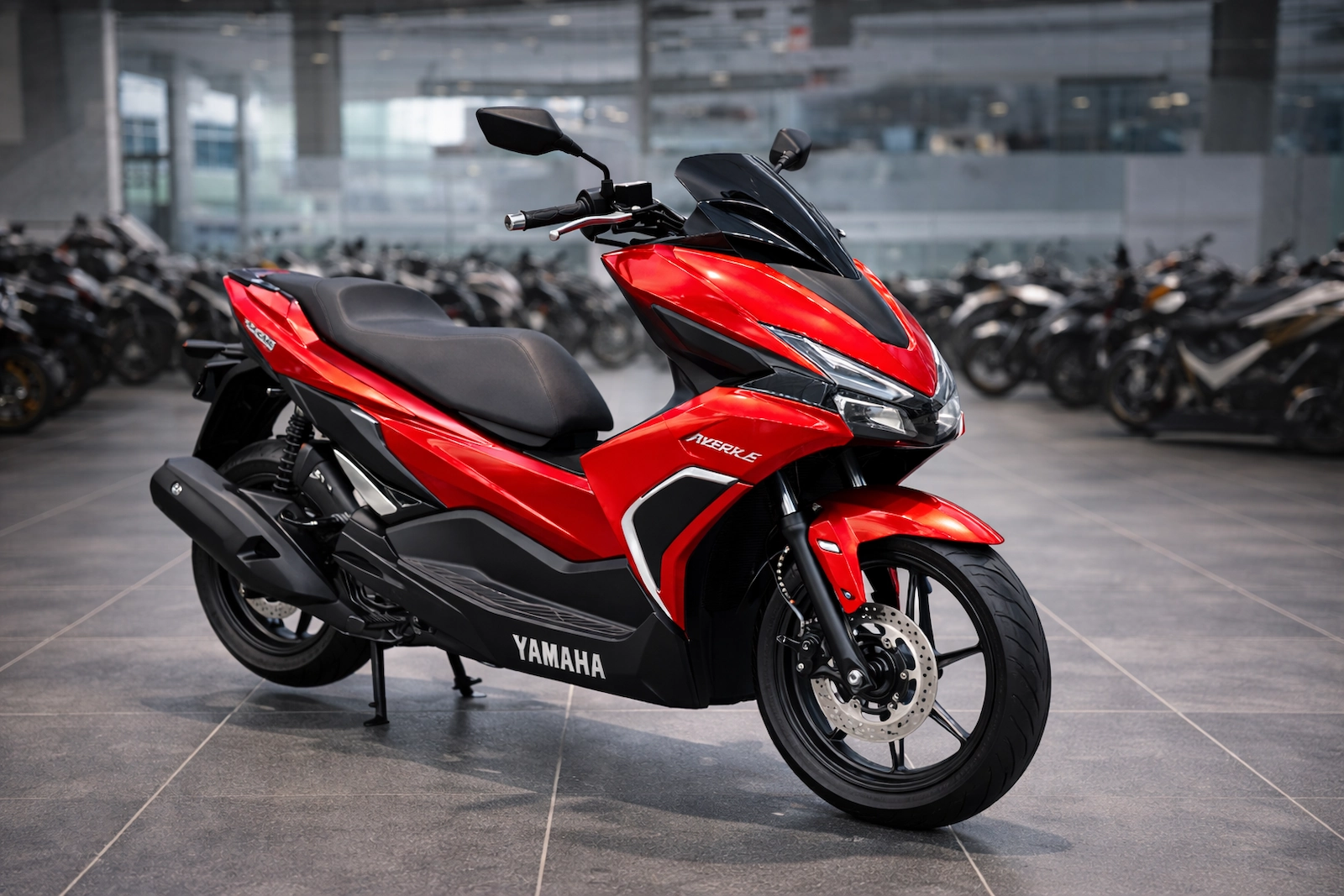 Yamaha Aerox E स्कूटर शोरूम में, आकर्षक डिजाइन के साथ