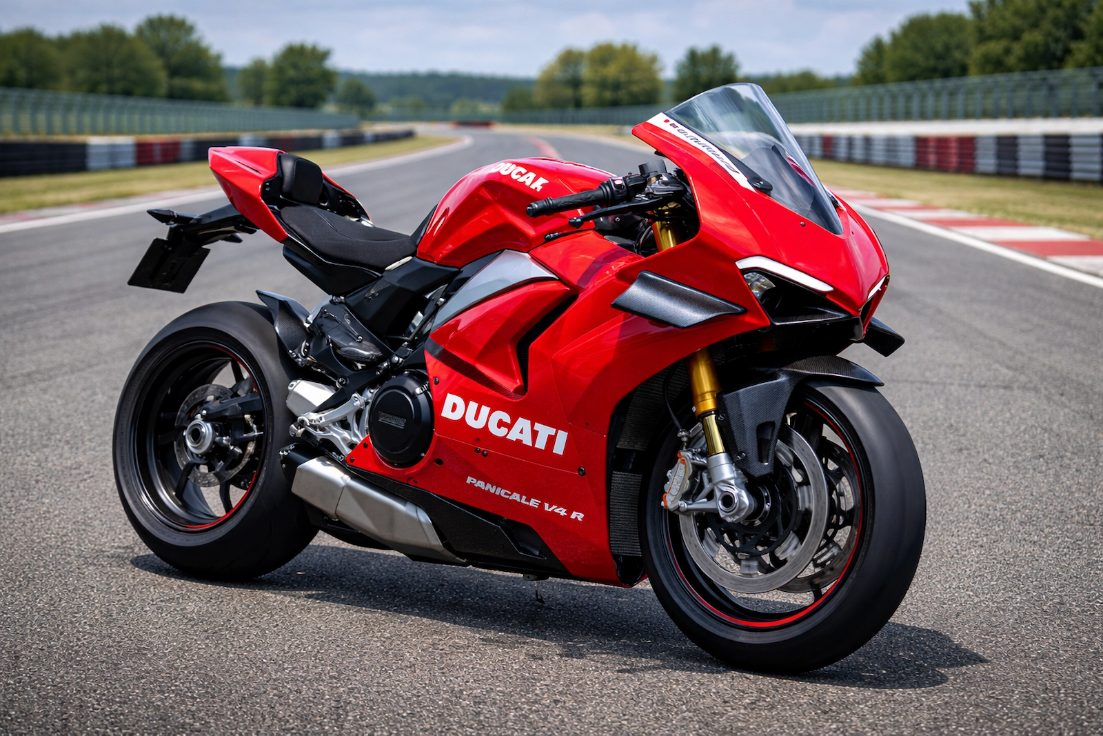 Ducati Panigale V4 R, शानदार एयरोडायनामिक डिजाइन के साथ ट्रैक पर एक स्पीड से गुजरती हुई।