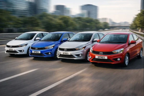 Tata Xpres सफेद, नीले, सिल्वर और लाल रंगों में, शानदार डिजाइन और तेज गति के साथ, आधुनिक शहर की सड़कों पर चलती हुई।