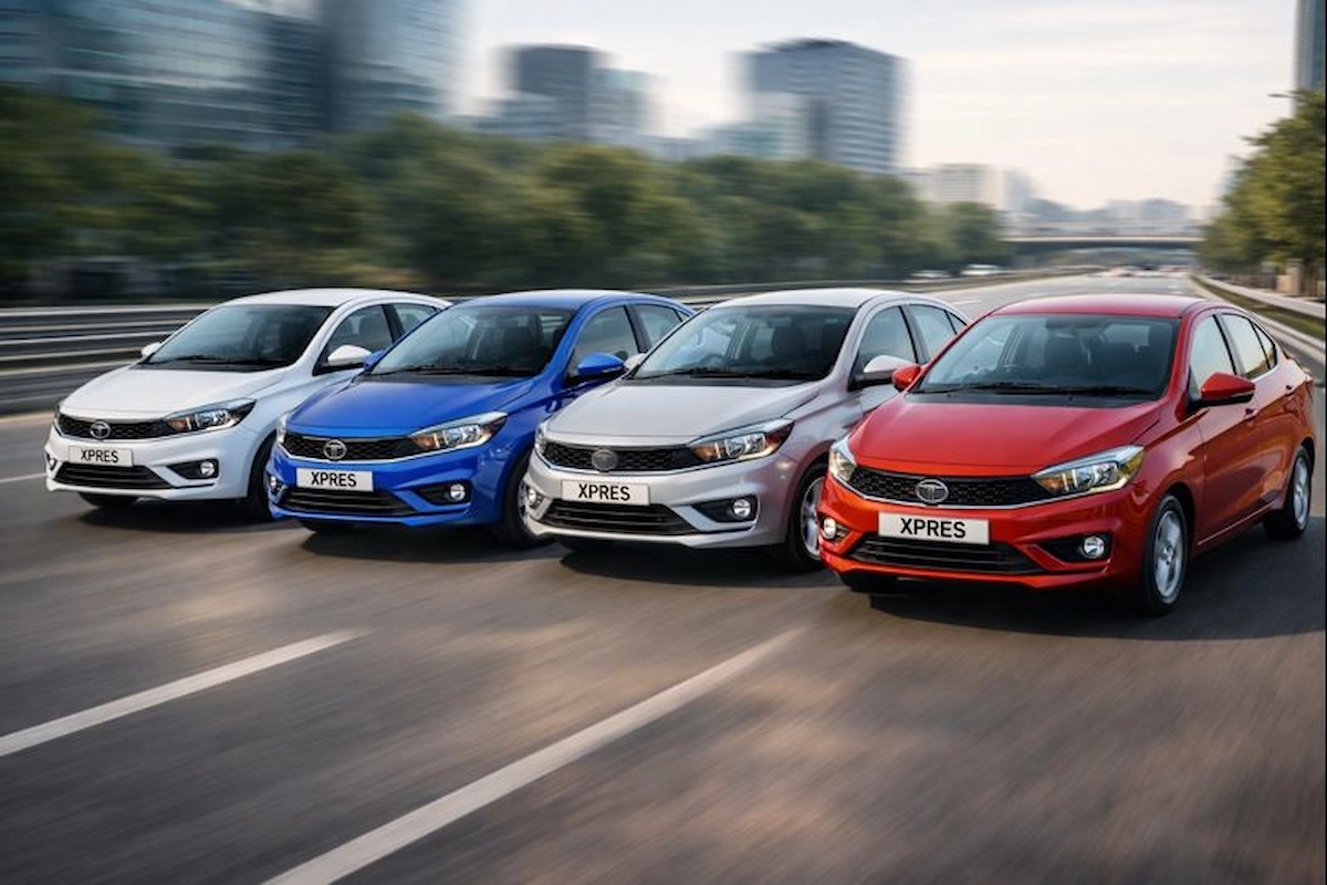 Tata Xpres सफेद, नीले, सिल्वर और लाल रंगों में, शानदार डिजाइन और तेज गति के साथ, आधुनिक शहर की सड़कों पर चलती हुई।