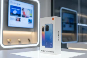 Xiaomi Redmi Turbo 4 Pro स्मार्टफोन और बॉक्स की शोरूम में इमेज