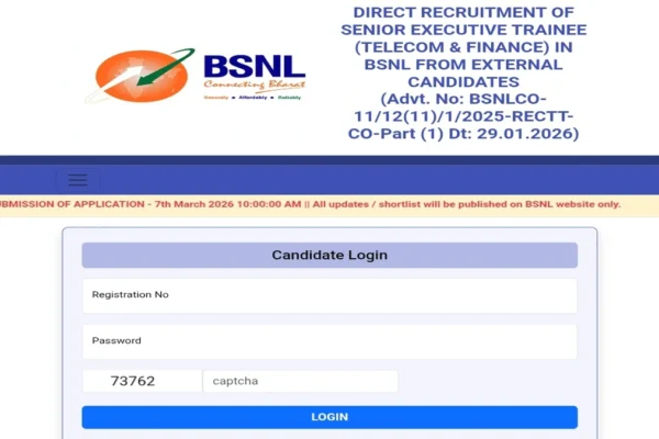 BSNL Recruitment 2026 Candidate Login Page showing the registration and captcha fields.