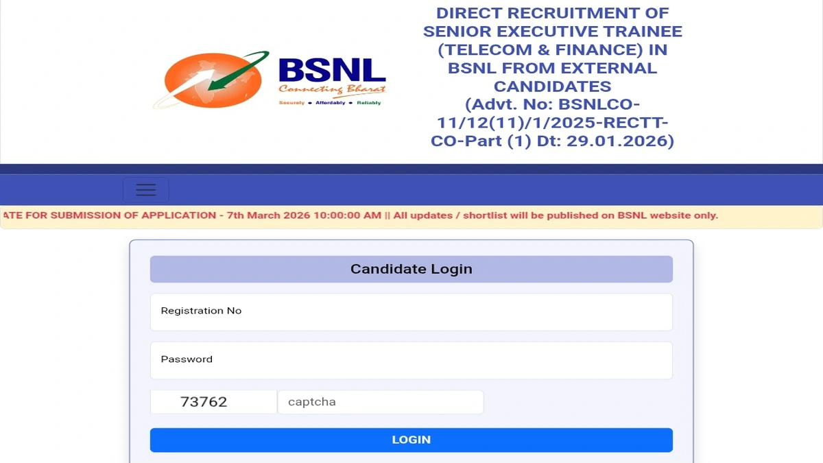 BSNL Recruitment 2026 Candidate Login Page showing the registration and captcha fields.