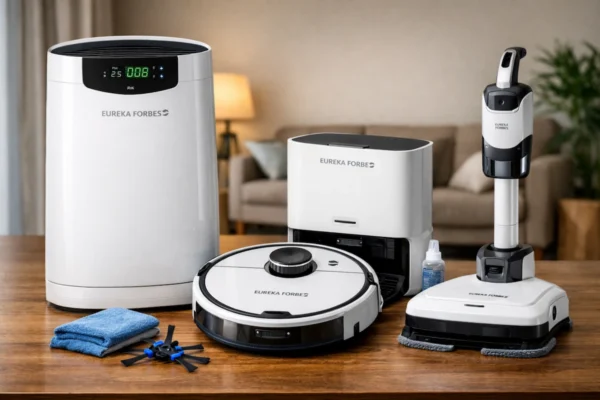 Eureka Forbes Q3 Results: Eureka Forbes उत्पाद (air purifier, robotics) दिखाते हुए।